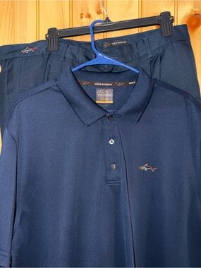 Greg Norman Collection Navy Blue Polo with Embroidered Shark- Shirt XL Shorts-38